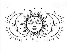 the sun and moon are drawn in black ink