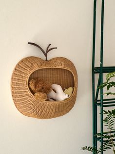 there is a stuffed animal in a basket on the wall next to a chair and potted plant