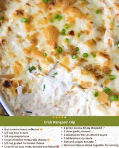 a close up of a casserole dish with green onions and cheese on it