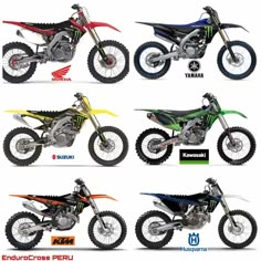 four different colored dirt bikes are shown in this graphic art printable set, each with the same number and color scheme