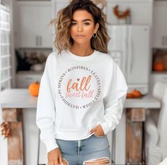 Welcome the season with our "Fall Sweet Fall" crewneck, a cozy reminder of everything you love about autumn. Soft, warm, and stylish, this crewneck captures the essence of fall with its charming design, making it the perfect addition to your seasonal wardrobe. Product Information This sweatshirt runs true to size for a perfect unisex fit.  Available in white and ash grey. The fabric is 50% cotton and 50% polyester. For sizing, please refer to the size chart above. FREE SHIPPING CANADA-WIDE ★ Be Cute Oversized Fall Tops, Cute Oversized Tops For Fall, Trendy White Sweatshirt For Fall, Fall White T-shirt For Loungewear, Cute White Fall Sweatshirt, Cute White Sweatshirt For Fall, Fall Crew Neck Sweater With Comfortable Fit, Cute Fall Loungewear Sweatshirt, Cute Relaxed Fit Sweatshirt For Fall