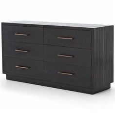 a black dresser with gold handles and drawers on the bottom, in front of a white background