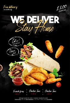 we deliver stay home flyer with food items