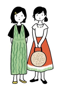 two women standing next to each other with watermelon on their backs and one holding a bag