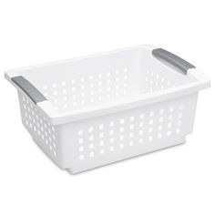 a white plastic basket with handles and holes on the sides, for storage or organization