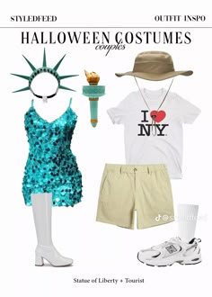 Tourist Costume, Statue Of Liberty Costume, Satin Top Outfit, Themed Halloween Costumes, Matching Halloween Costumes, Spooky Costumes, Pretty Halloween Costumes