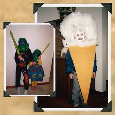 two children in costumes standing next to each other with an ice cream cone on their head