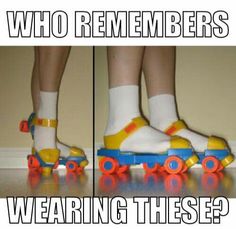 two pictures of people on roller skates with the caption who remembers wearing these?