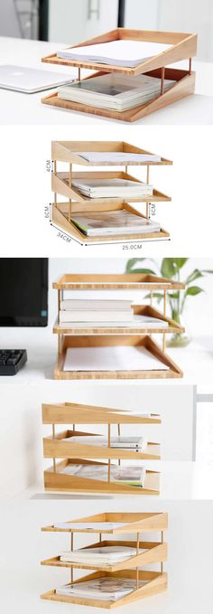 three different types of wooden trays sitting on top of each other in front of a computer