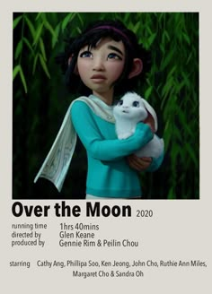 the poster for over the moon, featuring a girl holding a white cat in her arms