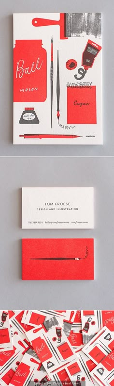 some red and white business cards with black ink on them, one is for calligraphy