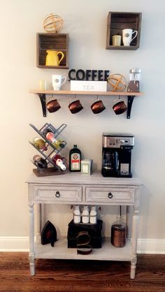 a coffee bar with two shelves on the wall