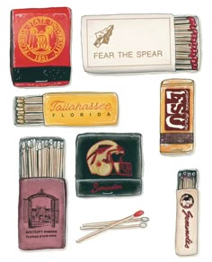 Florida State University Nostalgic Matchbook Collection watercolor art print is a print of a my hand drawn, watercolor painting. It features an array of matchbooks and boxes featuring many logos and memory filled imagery of FSU, including Westcott, the vintage school seal, football helmet, 90's "Seminoles" text, and more. artxnikki is a licensed Florida State University artist- The University names and logos on this product are registered trademarks of Florida State University. It is printed on Vintage Fsu Poster, Fsu Room Decor, Mississippi State University Art, Watercolor Matchbooks, Fsu Prints, Fsu Spear, Lsu Art, Matchbook Collection