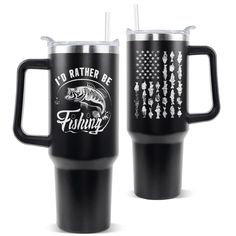 two black tumblers with the words fishing and an american flag on them, both are shown