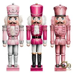 three nutcrackers are standing next to each other in pink and white outfits