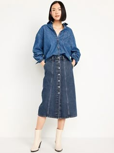 High-Waisted Jean Midi Skirt | Old Navy Midi Denim Skirt, Navy Skirt Outfit, Jean Midi Skirt, Button Down Denim Skirt, Midi Skirt Outfit, Photoshoot Outfits, High Waist Jeans, Skirt Outfits, Wide Leg Jeans