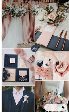 a collage of photos with pink, blue and black wedding colors in shades of peach