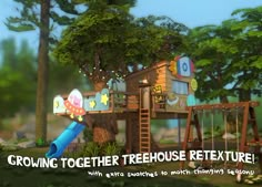 an animated image of a treehouse and playground