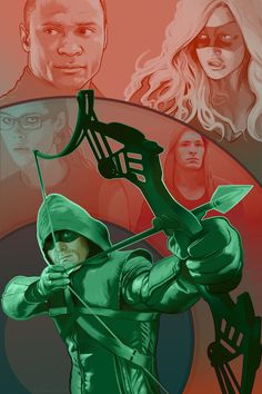 the green arrow is in front of an image of two people and one has a bow