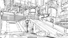 a black and white drawing of an industrial area