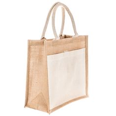 a jute bag hanging from a rope on a white background with the bottom part of it folded up