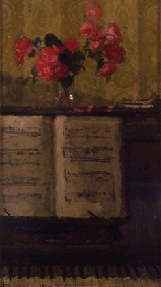 a painting of roses in a vase on an old piano