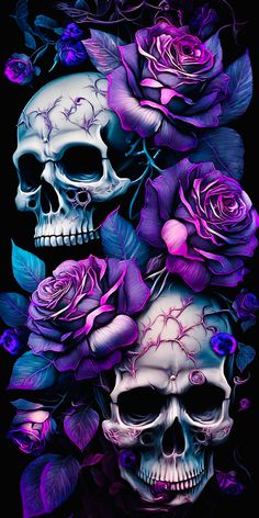 two skulls with purple roses and leaves on their heads, one skull is in the middle