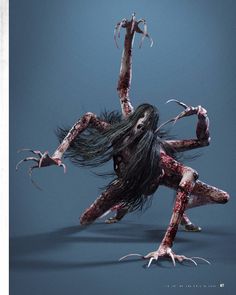 an image of a creepy woman with long hair and blood all over her body, standing on one leg