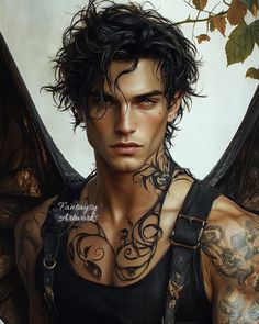 a painting of a man with tattoos on his chest and shoulder, wearing leather suspenders