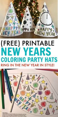 new years coloring party hats with free printables