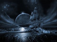 an image of a ship sailing in the ocean at night with full moon and clouds