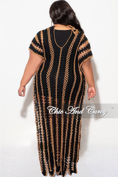 Acrylic %: 100 Stretch cover up V neck Sleeveless Crochet See-through Side slits Lace-up closure 100% acrylic Hand wash cold Do not bleach Model is wearing a size 1x/2x Coverup Ideas, Wife Dress, Plus Size Crochet, Crochet Cover, Crochet Cover Up, Black Tan, Black And Tan, Final Sale, Bleach