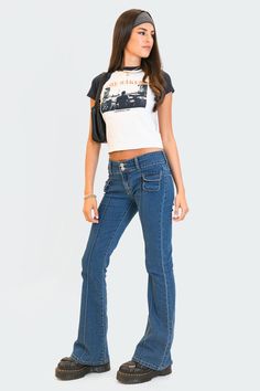 Low-Rise Jeans Stitch detailing Flap pockets Cotton, Polyester, Spandex Model wears size S Model height is 5'8 Item care: Wash with similar color Retro Flare Jeans, Jeans Stitch, Flame Socks, Shirt Maker, Swimwear Dress, Raglan Tee, Bellows, Low Rise Jeans, S Models