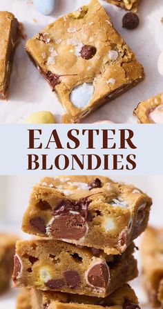 chocolate chip cookie bars stacked on top of each other with the words, easter blondies