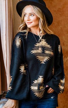 Holy CUTENESS!😍 Everyone’s favorite sweater is now available in a new sparkly festive print, and it is GORGEOUS! Featuring a chic black background with Aztec print in a shimmery metallic gold, this cozy sweater is made of a warm chunky knit, with trendy puffy sleeves and a beautiful flattering fit! Looks fabulous paired with denim skinnies, black leather leggings or flares for a fun & fabulous winter outfit! Relaxed, loose fit. If in between, choose your smaller size. S/M 6-10 M/L 12-16 Poly/sp Curvy Rompers, Nerd Chic, Curvy Swim, Activewear Print, Black Leather Leggings, Gold Sweater, Cute Boutiques, Sweater Christmas, Curvy Dress