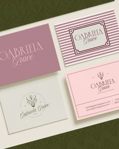 four business cards with different designs on them, all in pink and green colors that say gabrita grace