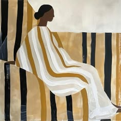 a painting of a woman sitting in a chair with stripes on the wall behind her