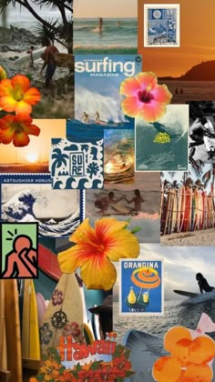 a collage of pictures with flowers and surfboards