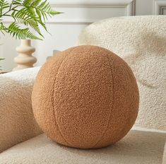 a brown ball sitting on top of a white couch next to a plant in a vase