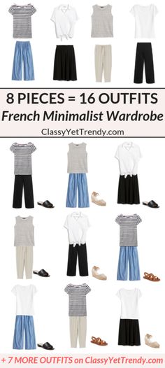 Minimalist Travel Wardrobe, French Minimalist Wardrobe, Clothes Basics, Clothes Capsule, 16 Outfits, French Minimalist, Classy Yet Trendy