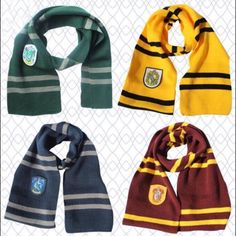 Harry Potter Scarf ~ Gryffindore/Slytherin/Hufflepuff/Ravenclaw ~ These Are Not As Long As The One's With Fringe. Perfect For Children Or If You Don't Want Them Long ~ Note: All Colors Vary Between Items (Scarf/Hats/Gloves) So They Do Not Match Exactly Trades Or Holds Use Offer Option Harry Potter Baby Shower Cookies, Themed Airbnb, Ravenclaw Scarf, Harry Potter Silhouette, Easy Scarf Knitting Patterns, Slytherin And Hufflepuff, Harry Potter Background, Harry Potter Items, Harry Potter Scarf