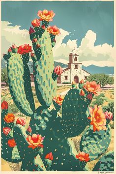 a cactus with flowers in front of a church