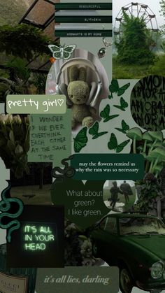 a collage with many different images and words on the same page, including an image of a teddy bear in a green car