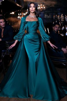 Emerald Square Long Sleeves Mermaid Prom Dress With Ruffles PD0737 Emerald Prom, Emerald Prom Dress, Green Mermaid Prom Dress, Prom Dress With Ruffles, Long Sleeve Mermaid Prom Dress, Stylish Gown, Prom Dresses Long Mermaid, Mermaid Prom Dress, Green Mermaid