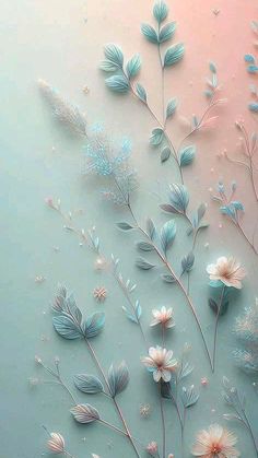 some flowers and leaves are on a blue wall with pink paint in the background that has been altered to look like pastel colors