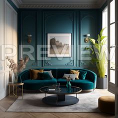 an elegant living room with teal green walls and gold accents on the coffee table