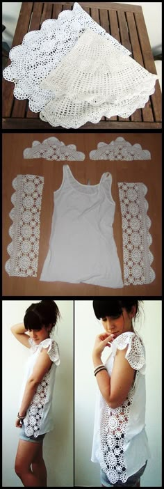 three pictures show how to make a crochet doily top with lace on it