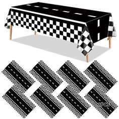 a table with black and white checkered cloths on it, next to an image of a race track