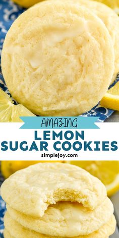 lemon sugar cookies on a blue and white plate with lemons in the background text reads easy homemade recipe