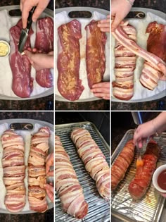 the process of making bacon wrapped hot dogs is shown in four different stages, including being cut and cooked